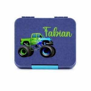 Znünibox dunkelblau personalisiert mit Name Fabian mit Monstertruck Motiv für Kinder