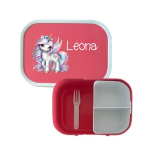 Mepal Lunchbox Rosa personalisiert mit Einhorn-Motiv und Name Leona, personalisierte , leichte Znünibox mit Bento-Einsatz