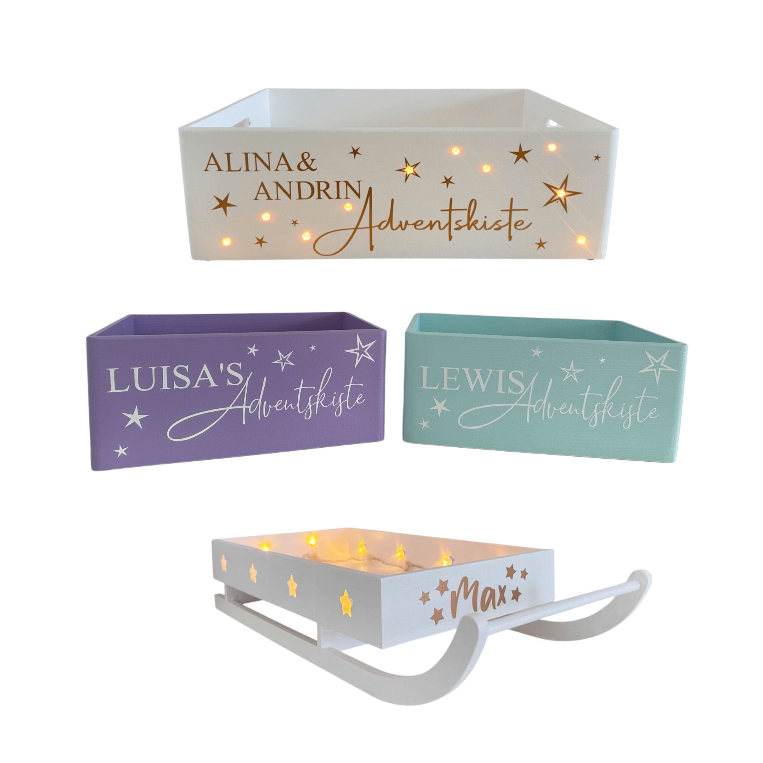 adventskiste-personalisiert-namen-sterne.png Personalisierte Adventskisten in verschiedenen Farben mit Namen und Sternen-Motiv – Geschenkidee für Kinder und Familien