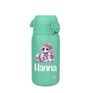 ION8 Edelstahl Trinkflasche 400 ml Mint mit Einhorn-Motiv und personalisiertem Namen Hanna – auslaufsichere Kindertrinkflasche