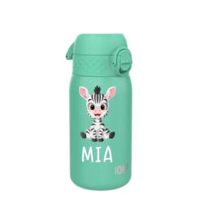 ION8 Edelstahl Trinkflasche 400 ml Mint mit Zebra-Motiv und personalisiertem Namen Mia – auslaufsichere Kindertrinkflasche BPA-frei