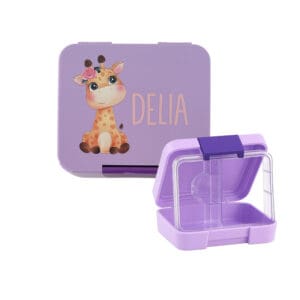 Znünibox für Mädchen in Lila mit Giraffe und Namen – personalisiert von Nilana