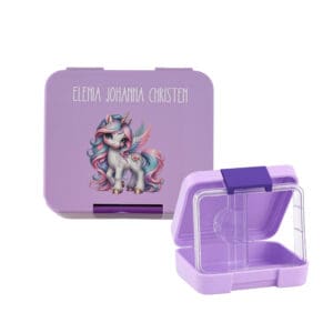Znünibox für Mädchen in Lila mit Einhorn und Namen – personalisiert von Nilana