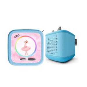 Personalisierte Toniebox 2 Schutzfolie mit zartem Ballerina-Motiv in Rosa, zweigeteilt mit freiem LED-Ring und Name Lina