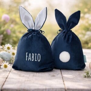 Osternest Hasentasche blau aus Samt personalisiert mit Name Fabio mit Hasenohren