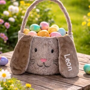 Personalisiertes Osternest für Kinder aus Plüsch Braun aus braunem Plüsch, gefüllt mit bunten Ostereiern, auf Holztisch im blühenden Garten