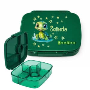 Grüne Lunchbox mit süssem Schildkröten Motiv und Name Selinda für Kinder mit Fächern