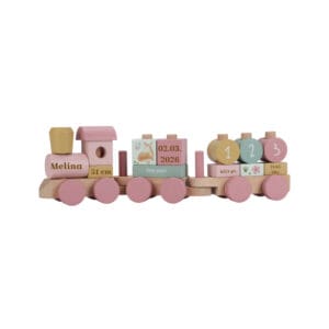Holzeisenbahn personalisiert rosa mit Name und Geburtsdaten – Little Dutch Steckspiel aus Holz