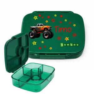 Personalisierte Yumbox Go grün mit Monstertruck Motiv und Name Timo für Kinder Znünibox