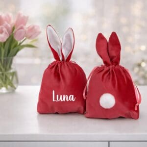Osternest personalisiert mit Name Luna als rotes Hasensäckchen mit Hasenohren