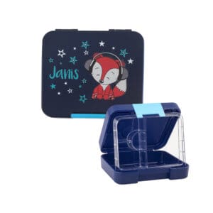 Znünibox dunkelblau für Jungs personalisiert mit Name Janis und Fuchs Motiv – Kinder Znünibox mit Unterteilung