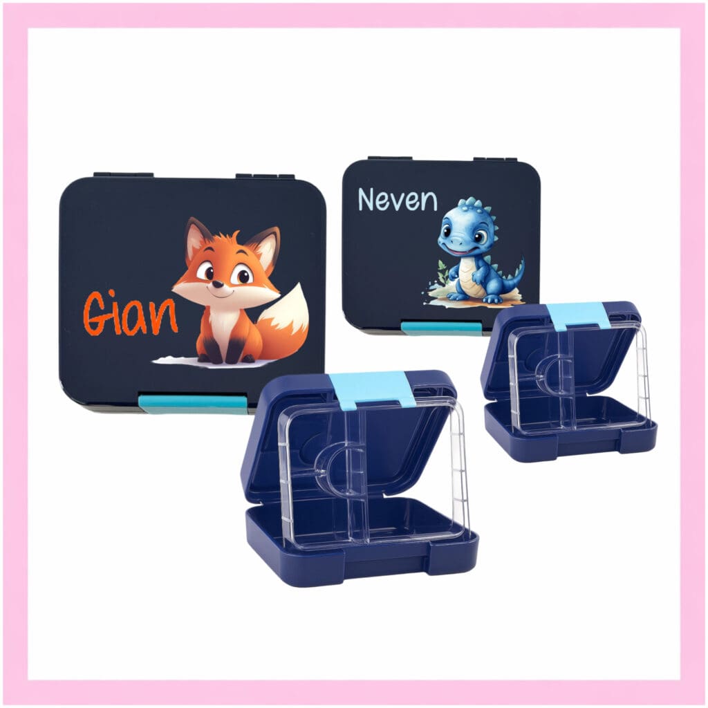 Znünibox für Jungs personalisiert mit Fuchs Motiv und Name Gian in Dunkelblau, geöffnete Innenansicht