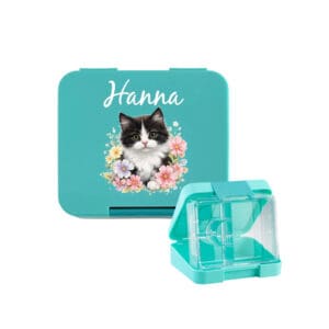 Znünibox personalisiert Mint mit Katzenmotiv und Name Hanna, Lunchbox mit vier Fächern für Kindergarten und Schule