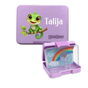 Yumbox Snack S lila personalisiert mit Name und Chamäleon Motiv für Kinder