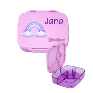 Yumbox Go lila personalisiert mit Name und Regenbogen Znünibox mit Fächern für Kinder