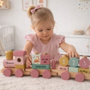 Holzeisenbahn personalisiert rosa mit Name und Geburtsdaten – Little Dutch Steckspiel im Kinderzimmer