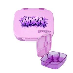 Yumbox Go personalisiert lila mit Name Nora als praktische Znünibox mit 5 Fächern