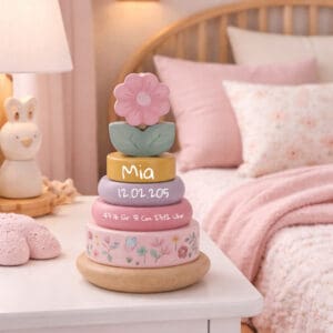 Holz Stapelturm personalisiert Kinder Little Dutch Fairy Garden mit Name Mia in rosa Pastell im Kinderzimmer