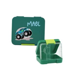 Lunchbox dunkelgrün klein personalisiert mit Monstertruck Motiv und Name Mael, geöffnet mit Inlay