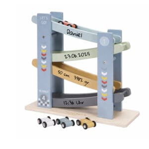 Holz Rennbahn blau personalisiert mit Name für Kinder aus Holzspielzeug