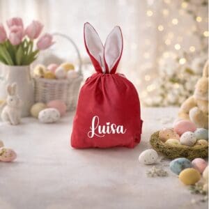 Osternest personalisiert Rosa – Hasentasche aus Samt mit Namen Luisa und Hasenohren