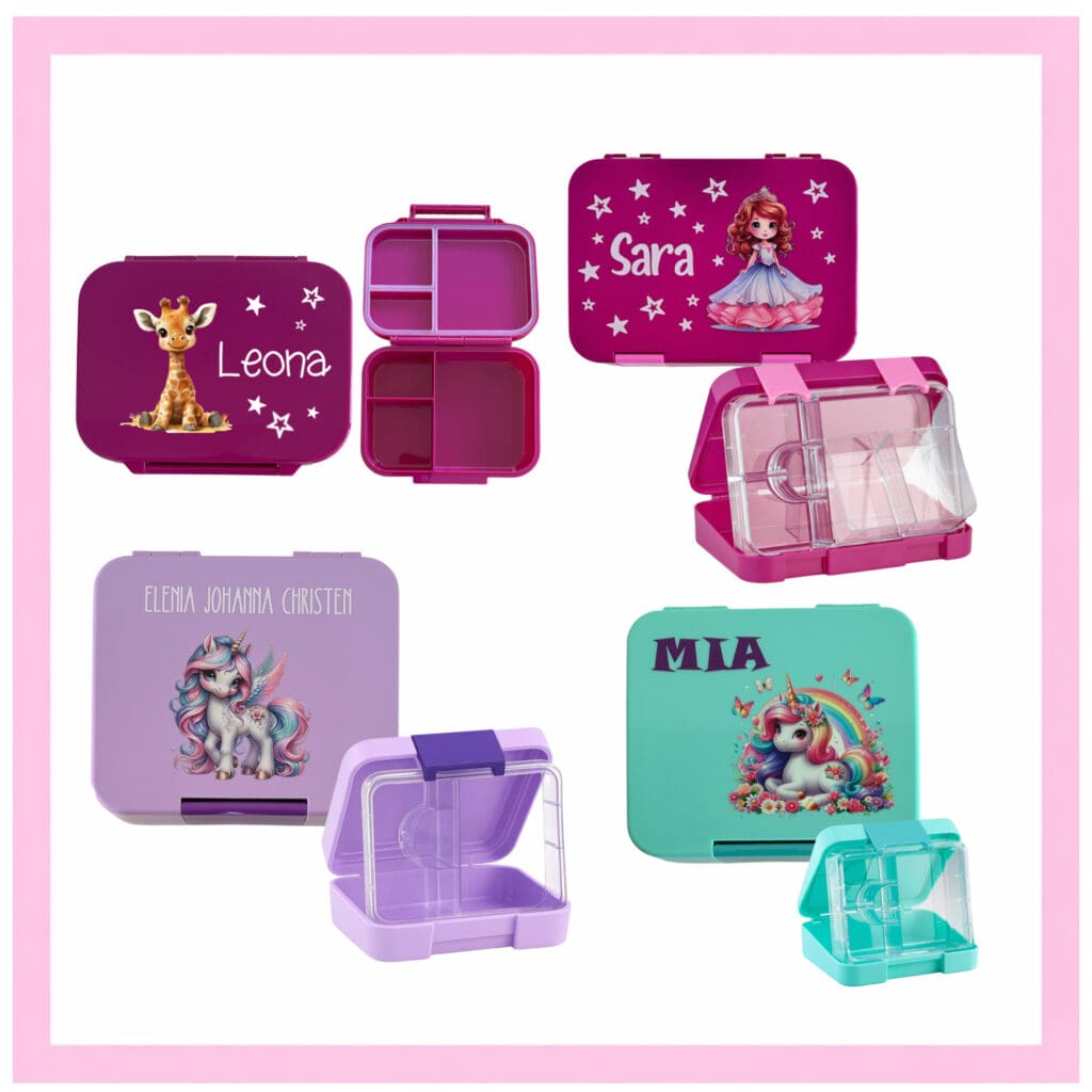 Znüniboxen für Mädchen personalisiert mit Name in Rosa, Lila und Mint mit Einhorn, Prinzessin und Tier-Motiven