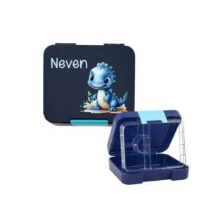 Lunchbox Dunkelblau personalisiert mit Dino Motiv und Name Neven, geöffnet mit praktischem Inlay