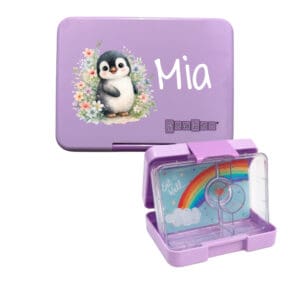 Yumbox Snack S lila personalisiert mit Name und Pinguin Motiv für Kinder