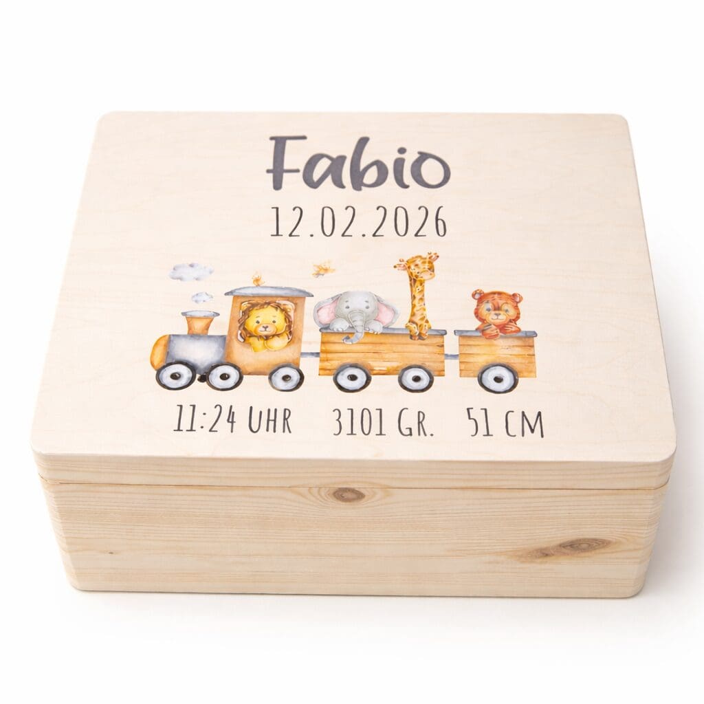 Erinnerungskiste personalisiert Safari Zug – Holzkiste mit Name