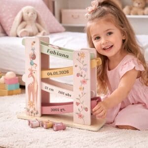 Kind spielt mit Holz Rennbahn rosa personalisiert mit Name im Kinderzimmer