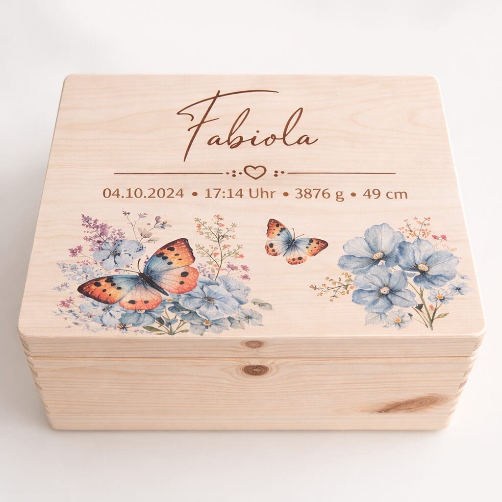 Erinnerungsbox personalisiert Schmetterling – Holzkiste mit Name