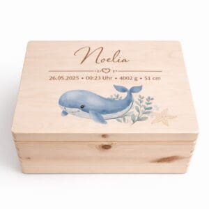 Erinnerungsbox personalisiert Wal aus Holz mit Name und Geburtsdaten – liebevolle Baby Erinnerungskiste für besondere Erinnerungen