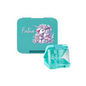 Znünibox personalisiert Mint mit Einhornmotiv und Name Fabia, Lunchbox mit vier Fächern für Kindergarten und Schule