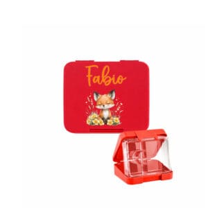 Lunchbox Rot personalisiert mit Fuchs Motiv und Name Fabio, geöffnet mit praktischem Inlay