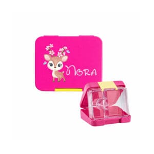 Znünibox Pink personalisiert – mit Name & Wunschmotiv Nora mit Reh-Motiv und Inlay