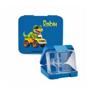 Lunchbox personalisiert mit Name – Blau mit Dino-Motiv als Znünibox für Jungs