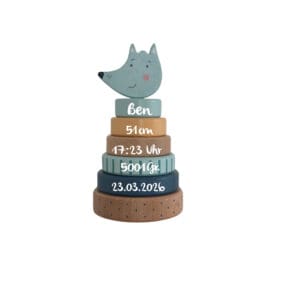 Stapelturm Fuchs personalisiert aus Holz für Kinder mit Name und Geburtsdaten als Motorikspielzeug