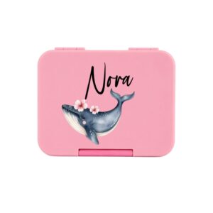 Znünibox rosa personalisiert mit Name für Kinder mit Wal Motiv und rosa Hintergrund