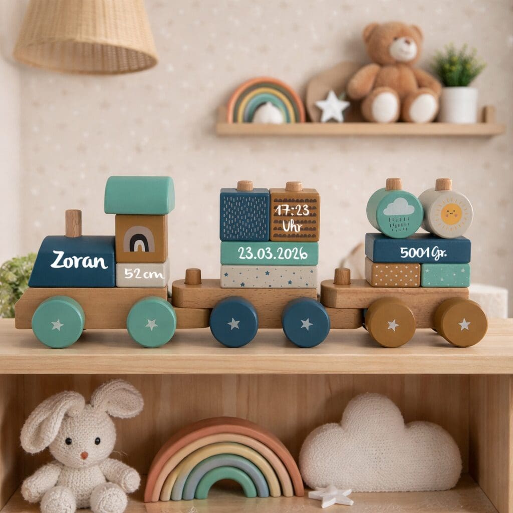 Holzeisenbahn blau grün für Kinder personalisiert im Kinderzimmer dekoriert Holzeisenbahn blau grün für Kinder personalisiert im Kinderzimmer dekoriert