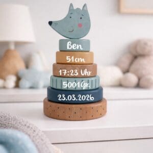 Stapelturm Fuchs personalisiert aus Holz für Kinder mit Name als Motorikspielzeug im Kinderzimmer