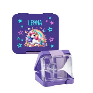 Znünibox für Mädchen personalisiert mit Name violett Einhorn mit Regenbogen Motiv