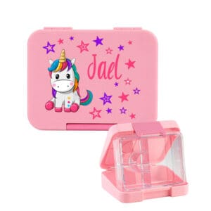 Rosa Znünibox für Kinder mit Einhorn Motiv und Name sowie geöffneter Snackbox mit Fächern