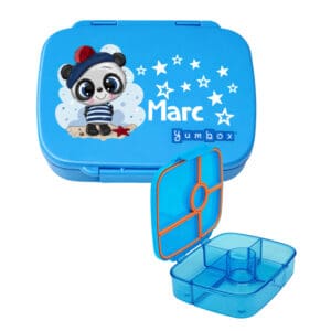 Yumbox Go hellblau personalisiert mit Name Marc Znünibox Kinder Panda Motiv offen