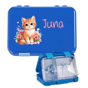 Offene Znünibox blau für Mädchen personalisiert mit Name mit Fächern Kinder Lunchbox