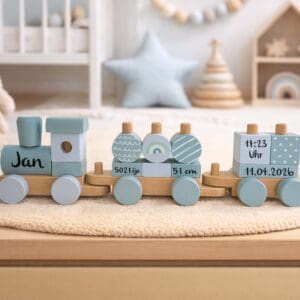 Personalisierter Holzzug blau mit Name im Kinderzimmer auf Teppich dekoriert