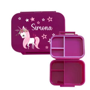 Znünibox pink personalisiert mit Name mit Trennsteg für Kinder mit Einhorn Motiv und Fächern