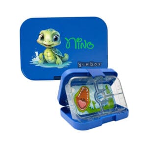 Blaue Znünibox mit Dino Motiv und personalisiertem Namen, 4 Fächer Lunchbox für Kinder Kindergarten und Schule
