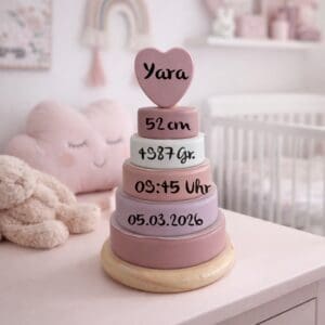 Stapelturm personalisiert aus Holz rosa mit Name im Kinderzimmer