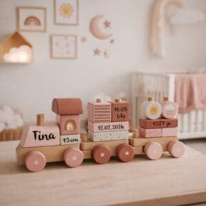 Holzeisenbahn rosa personalisiert mit Name und Geburtsdaten im Kinderzimmer, Holzspielzeug Zug für Kinder
