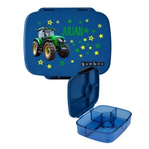 Yumbox Go dunkelblau personalisiert Name Julian Znünibox Kinder Traktor Motiv offen
